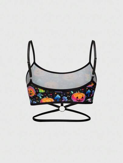ROMWE Avant Soutien-gorge sans fil pour femmes avec imprimé citrouille irisée, chauve-souris et champignon effrayants pour Halloween