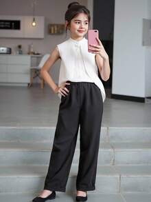 SHEIN Tween Girl Button Front High Low Hem Sleeveless Shirt - White - View 3