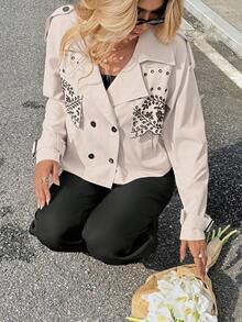 SHEIN Frenchy Women's Black Autumn Elegant Fluffy Office Short Trench Coat,Plant Embroidery Notched Lapel Double-Breasted Long Raglan Sleeve Casual Business Coat - Multicolor - View 8