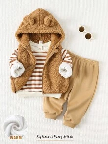 Cozy Pixies 3pcs Baby Boy Striped Knit Soft Crew Neck Long Sleeve Pullover Sweatshirt, Elastic Waist Pants, And Sleeveless Hooded Plush Vest Set Fall Winter - Khaki - View 4