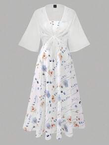 Franclia Plus Size Women Ditsy Floral Chiffon Dress And Elegant Two Pieces Set, Summer Fall Cloth For Women