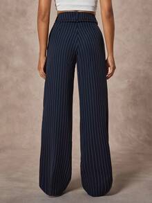 EURMUSE 女式海军蓝条纹直筒纽扣优雅西装裤 - 彩色 - 查看 2