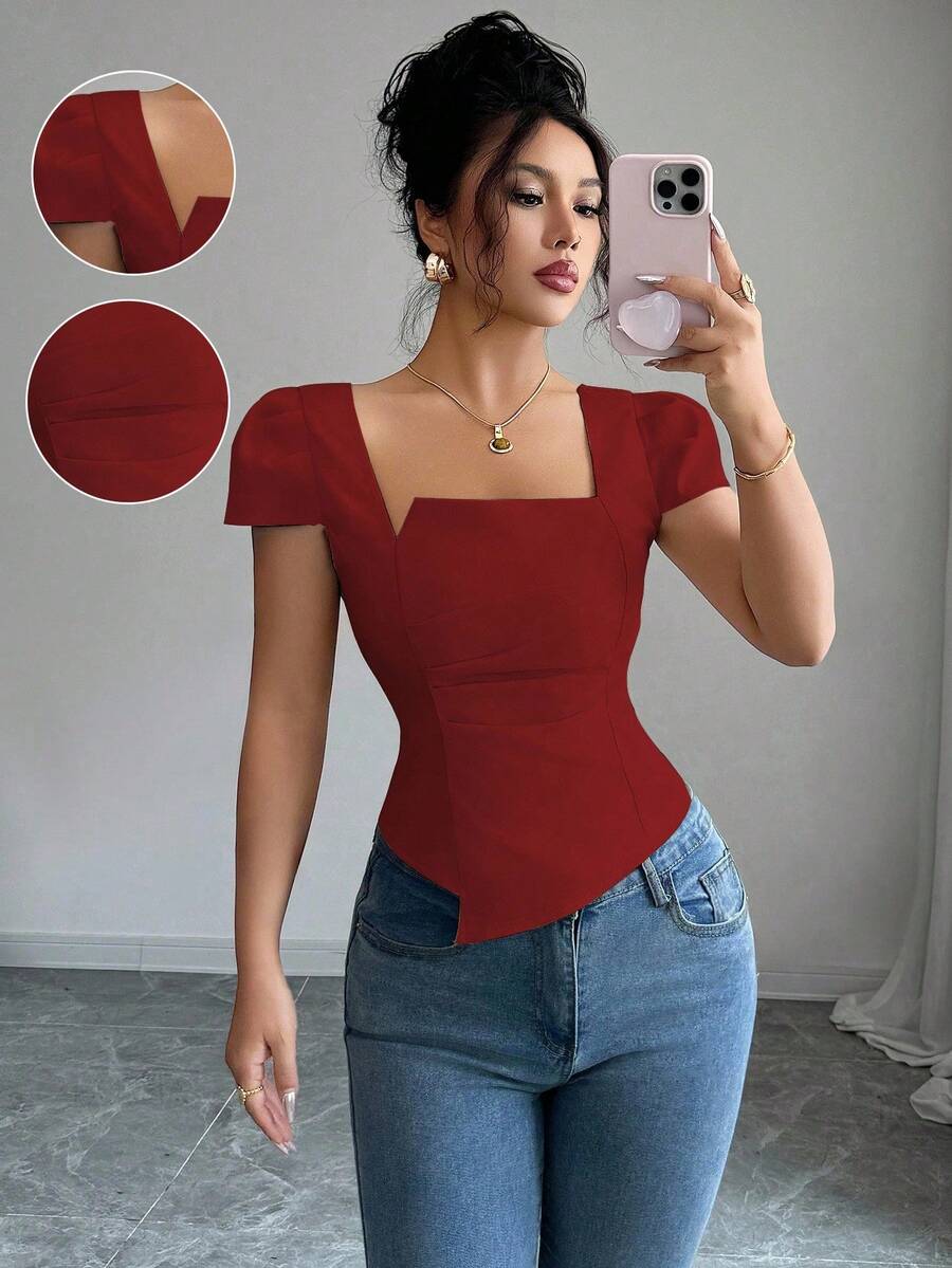 Elenzga Elegant Summer Vacation Shirts For Ladies - Red - View 1