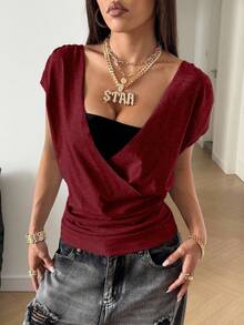 StreetHx Camiseta casual de mujer con cuello en V y pliegues, versátil, para primavera/verano - Burdeos - Ver 5