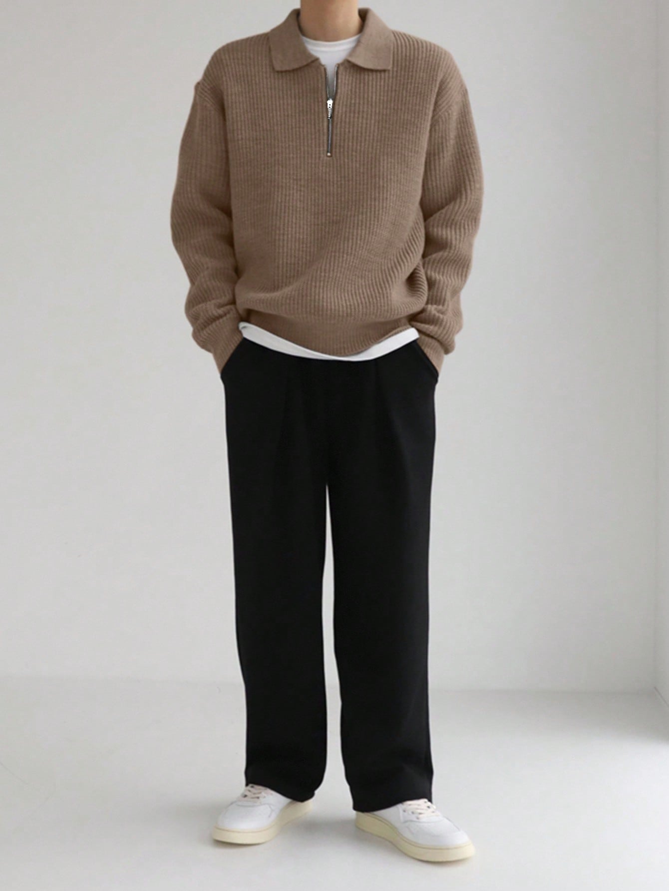 DAZY كنزة صوفية رجالية ربع سحاب ذات كتف منخفض، ملا...