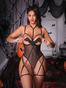 Fantasy Costume Fantasy Costume Bộ đồ liền thân Halloween hình dơi và ác quỷ 3D có đường cắt chéo ngực, trang phục lót gợi cảm cho câu lạc bộ tiệc tùng dành cho nữ - màu đen - Xem 5