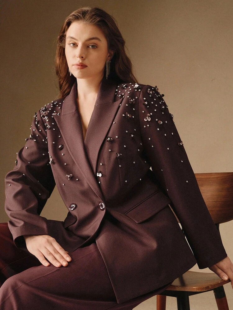 Women's New Autumn/Winter Rhinestone & Sequin Embellished Long Sleeve Street Style Casual Blazer, Available In Brown & Burgundy, Plus Size