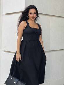 NegzBox Solid Frill Trim Tie Front Dress - Black - View 2