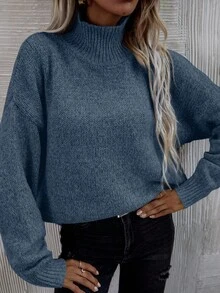 EMERY ROSE Suéter casual de cuello alto de unicolor y manga larga, minimalista, para mujer - Neblina azul - Ver 7
