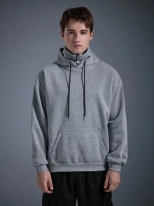 DRIFTMERE 男士休闲纯色半拉链连帽卫衣，春秋季套头衫，运动上衣，男士连帽衫，冬春夏皆宜 - 灰色 - 查看 3