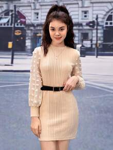 Teen Girls Contrast Swiss Dot Mesh Sleeve Rib-knit Dress Without Belt - Apricot - View 4