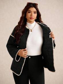 Elaquor 大码女士休闲百搭夹棉夹克，适合秋冬季穿着 - 黑色 - 查看 7