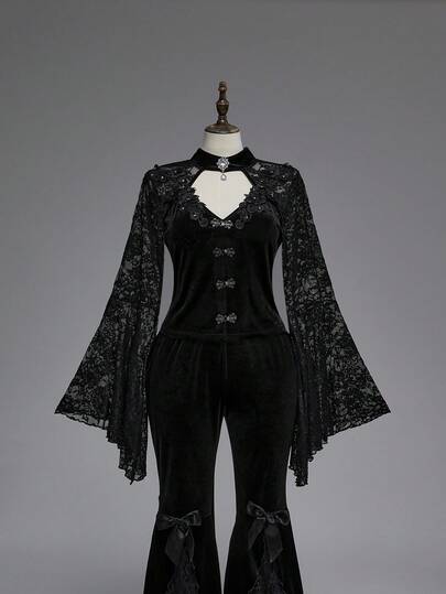 EDITION Blusa de mujer talla grande de terciopelo negro con contraste de encaje y mangas acampanadas, para Halloween