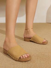 Styleloop Women's Round Toe Slip-On Buckle Strap High Heel Sandals, Rivet Decor, Outdoor/Commute, PU Chunky Heel, Brown - Apricot - View 2