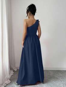 Rafferiza Fashionable New Sleeveless Ruffle Hem Slit European And American Style Women Dress Dress With Slit Navy Blue Formal Dress Dark Blue Dress Long Dress One Shoulder Dress - Royal Blue - View 2