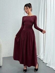 DAZY Women's Solid Color Long Sleeve Ruched Fitted Dress Red Women Dresses