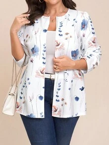 Comfylo 大码女式花卉印花开襟休闲通勤夹克，春秋季 - 白色 - 查看 5