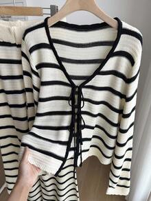 SHEIN EZwear Plus Size Black Striped Tie-Up Sweater Set, Autumn/Winter Striped Long Sleeve Top Striped Knit Set Black And White Striped Set