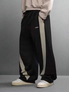 SUMWON Super Wide Leg Sweatpants With Contrasting Side Stripe Detailing Loungewear Winter Fall Fashion Baggy Streetwear Comfortable Jogger Pants Plain - Black - View 4