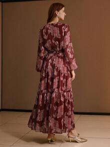 MOTF PREMIUM ALLOVER PRINT TIE NECK LANTERN SLEEVE RUFFLE HEM LONG DRESS WITHOUT CHAIN BELT - Red - View 3