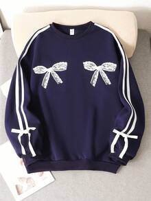 Teen Girls Navy Blue Sweatshirt With Bowknot Lace Printing,Round Neck Pullover Long Sleeve,Cute Back-To-School Autumn Graduation Winter Casual Top - Royal Blue - View 3