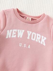 Cozy Pixies 3pcs Baby Girl Letter Print Knit Soft Crew Neck Long Sleeve Hoodie, Elastic Waist Pants And Sleeveless Vest Set Fall Winter