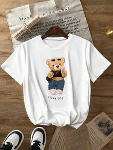 INAWLY 女士休闲短袖 T 恤，卡通熊印花，夏季图案 T 恤女上衣 - 白色 - 查看 1
