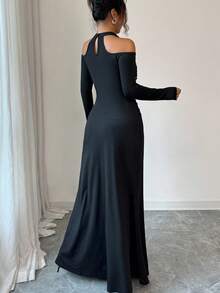 Elenzga Black,Autumn,Elegant,Dining New Fashion Embroidered Lace Floral V-Neck A-Line Mermaid Hem Dress,Striped Waist Fitted Long Dress For Party - Black - View 2