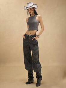 Easelle Washed Gray Collar Rivet Bohemian Style Western All-Match Casual Style Washed Distressed I-Type Top Hit Silver Detail Washing With - Grey - View 8