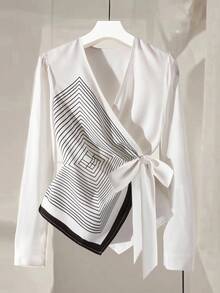 Elenzga Elegant V-Neck Digital Printed Geometric Line Pattern Long Sleeve Asymmetrical Hem Tie Bow Blouse Fall Cloth For Women - White - View 3