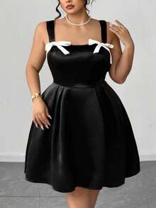Elenzga Vestido de satén tejido con decoración de lazo para mujer de talla grande, estilo gótico femenino oscuro y preparatorio - Negro - Ver 5