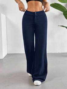SHEIN EZwear 加大码蓝色休闲高腰直筒裤女式阔腿裤海军蓝裤子 - 藍色 - 查看 11