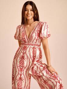 CAJUNI 女式休闲V领印花连体裤 - 彩色 - 查看 4