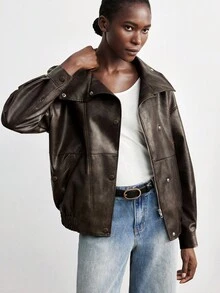 Maija 2025 Autumn/Winter High Collar Asymmetric Placket Loose Drop Shoulder Coffee Brown PU Jacket, Suitable For Modern Urban Early Autumn Back To School Season, Autumn, Winter New Year, Brown Jacket,Classic And Wearable, Old-Money Style, Understated And Chic - Coffee Brown - View 4