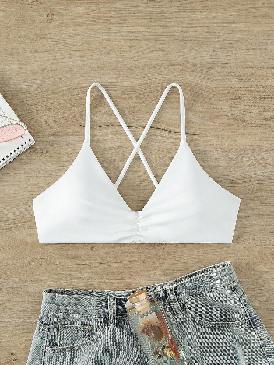 Swim Basics Summer Beach Plain Ruched Criss Cross Back Bikini Top - White - View 1