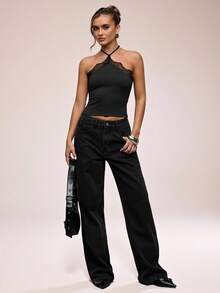 SHEIN BAE Áo ba lỗ ren chắp vá cổ yếm màu trơn dành cho nữ - màu đen - Xem 7