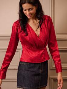 lacRébo Red Satin Leopard Print Jacquard Wrap Front Blouse With Side Button Detail Fall Women Clothes Autumn Winter Office Outfits Christmas Outfits New Year