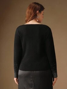 Anewsta Elegant Luxury Formal Chic Black Plus Size Rhinestone Embellished Off Shoulder Wool Sweater, Suitable For Fall/Winter, Christmas, New Year, Party - Black - View 2