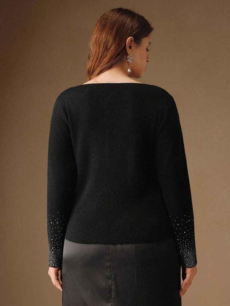 Elegant Luxury Formal Chic Black Plus Size Rhinestone Embellished Off Shoulder Wool Sweater, Suitable For Fall/Winter, Christmas, New Year, Party