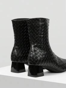 Mnmlis 2025 New Pointed Toe Ankle Boots For Women, Low Chunky Heel Short Shaft Boots, Tight Fit Boots, Plus Size Fashion High Heel Boots For Christmas Valentine's Day - Black - View 4