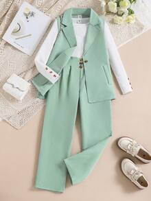 Tween Girl 3pcs/Set Sleeveless Blazer, T-Shirt And Long Pants Outfits - Green - View 7