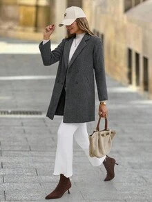 Solivie 女式纯色翻领双排扣休闲大衣 - 深灰色 - 查看 5