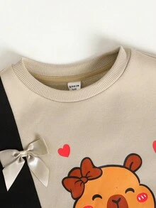 SHEIN Tween 女童宽松休闲简约舒适圆领拼接撞色连帽衫和慢跑裤套装 - 卡其色 - 查看 3