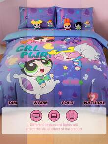 THE POWERPUFF GIRLS X SHEIN 3件組可愛卡通人物與枕頭圖案舒適被套組，適用單人床/雙人床/加大雙人床/特大雙人床，適合宿舍/居家 - 淡紫色 - 查看 12