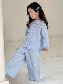 DAZY 2 件套女童休闲长袖上衣和裤子家居服套装，秋季 - 藍色 - 查看 2