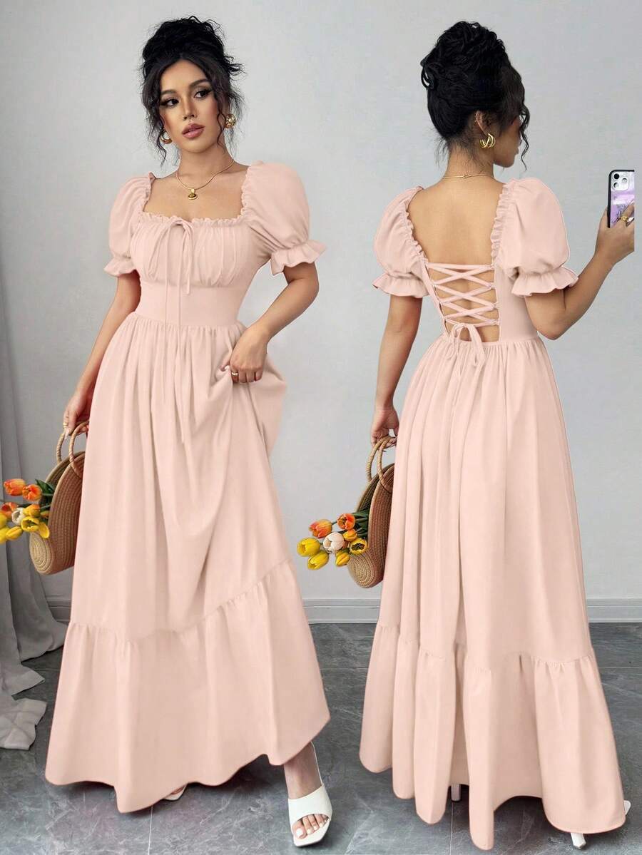 Rafferiza Đầm suông hở lưng, tay bồng, cổ vuông, buộc trước, hở eo cho nữ - trái cam - Xem 1