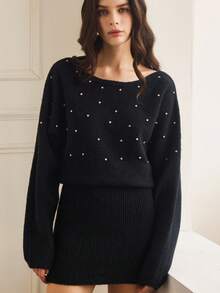 GENKIRA Rhinestone Embellished Asymmetrical Shoulder Black Bodycon Sweater Dress, Sexy 2 In 1 Outfit Fall Winter For Women - Black - View 5