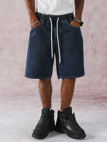 Manfinity Hypemode Casual Dark Wash Straight Elastic Waist Stripe Denim Shorts, Spring/Summer - Dark Wash - View 1