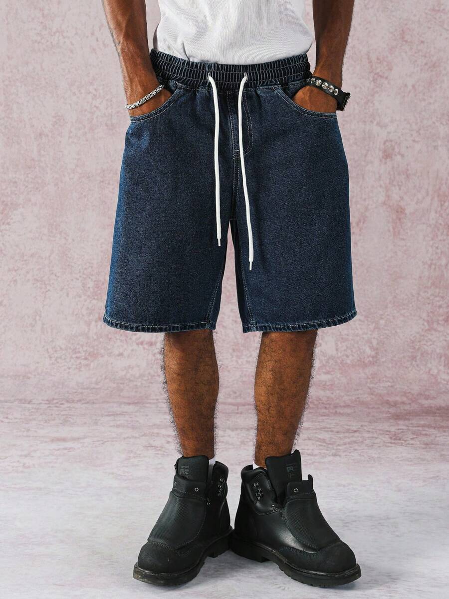 Manfinity Hypemode Casual Dark Wash Straight Elastic Waist Stripe Denim Shorts, Spring/Summer - Dark Wash - View 1