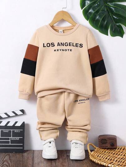 2件套男童撞色圆领休闲运动衫和裤子套装